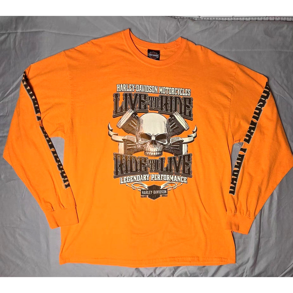 Harley-Davidson Long Sleeve Shirt Mens XL Orange Pomona Valley California Skull